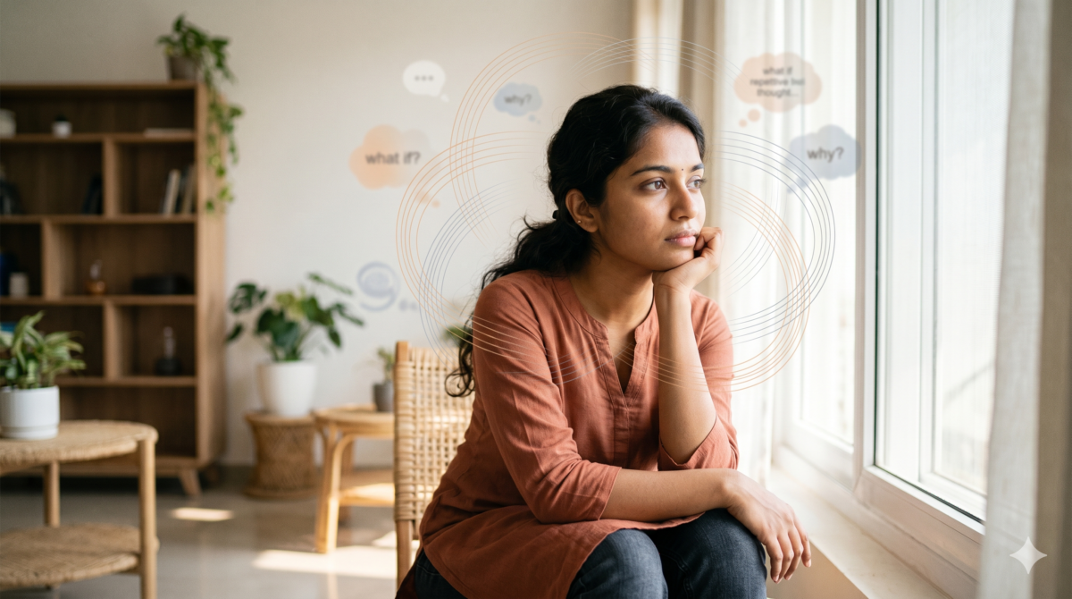 Person sitting calmly while managing overthinking and negative thoughts